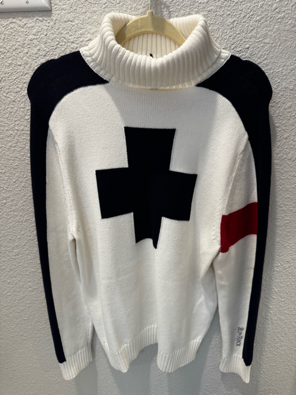 Alp N Rock White Turtleneck Sweater with Black Cross and Red Sleeve Stripe